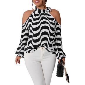 MakeMeChic Women's Plus Size Striped Cold Shoulder Lantern Sleeve Mock Neck Knot Side Blouse Shirt Top