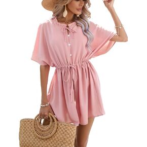 Famulily Women Summer Beach Cover Up Dress Ruffled Neck Kimono Sexy Casual Short Sleeve Bikini Beach Swimsuit Dress