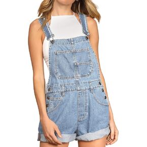 Hixiaohe Women's Classic Denim Shortalls Adjustable Strap Bib Overall Shorts Romper Cuffed Hem Jean Shorts(Blue,XL) in Kuwait