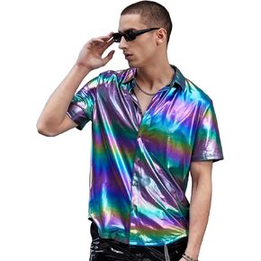 WDIRARA Men's Metallic Button Down Short Sleeve Collared Shirt Rave Party Shirt Top