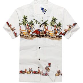 Palm Wave Men's Hawaiian Shirt Aloha Shirt L Off White Vintage Cars in Kuwait