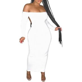 Women's Summer Sexy Off The Shoulder Pullover Long Dress Backless Bodycon Ruched Cocktail Party Maxi Dresses