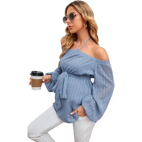 OYOANGLE Women's Maternity Top Elegant Boho Bishop Long Sleeve Dots Halter Tie Back Belted Blouse Shirt Pregnancy Clothes