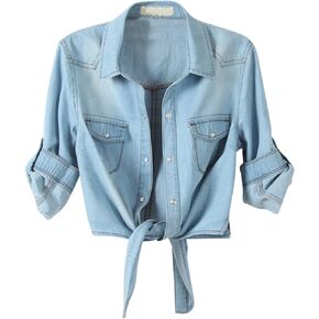 PUWEI Women's Denim Shirts Casual Button Up 3/4 Sleeve Tie Front Jean Crop Tops