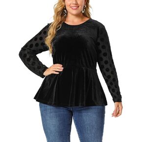 Agnes Orinda Plus Size Top for Women Polka Dots Sheer Sleeve Velvet Peplum Tops 2023