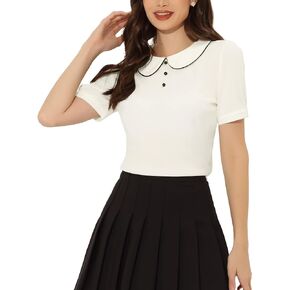 Allegra K Women's 2023 Peter Pan Collar Contrast Trim Puff Short Sleeve Summer Blouse Top