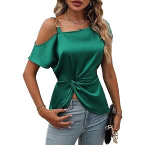 Verdusa Women's Satin Short Sleeve Twist Front Cold Shoulder Asymmetrical Neck Blouse Top
