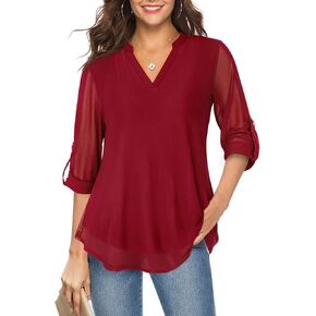 SeSe Code Womens Roll 3/4 Sleeve Mesh Blouses Loose Flowy Tops Stretchy Shirts