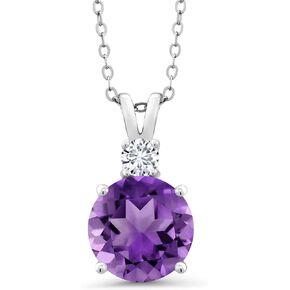 قلادة من الفضة الإسترلينية عيار 925 من Gem Stone King باللون الأرجواني والجمشت الأبيض للنساء (3.52 قيراط، حجر كريم لشهر فبراير، جولة 10 مم، مع سلسلة 18 بوصة)