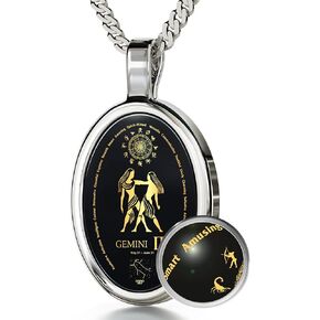 Gemini Necklace Zodiac Pendant for Birthdays 21st May to 21st June May Star Sign and Personality Characteristics Pure Gold Inscribed in Miniature Details on Onyx, 18" Rolo Chain