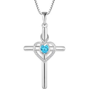 Inpasne Heart Cross Necklace for Women 925 Sterling Silver Infinity Cross Pendant Birthstone Necklace Religious Jewelry Gift for Women Her Mom Wife Girlfriend Daughter