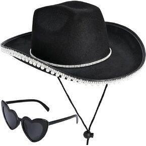 قبعة رعاة البقر باللؤلؤ من حجر الراين Yoiemivy للنساء - قبعة راعية البقر السوداء مع نظارة شمسية على شكل قلب - قبعة رعاة البقر الغربية للعروس وأزياء حفلات توديع العزوبية (أسود) in Kuwait