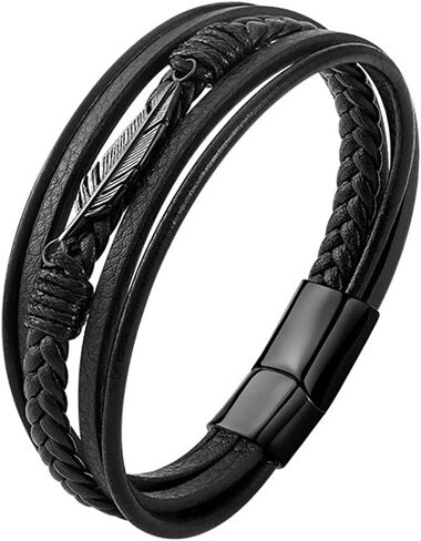 Braided Leather Bracelet for Men Multilayer Black Leather Bracelet Cuff Bangle Pulseras Para Hombres Stainless Steel Leaf Charm Cool Wristband Braided Bracelet for Men Women Boys Mens Leather Bracelet in Kuwait