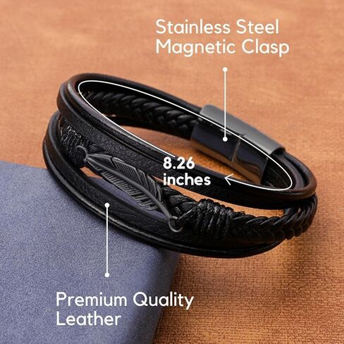 Braided Leather Bracelet for Men Multilayer Black Leather Bracelet Cuff Bangle Pulseras Para Hombres Stainless Steel Leaf Charm Cool Wristband Braided Bracelet for Men Women Boys Mens Leather Bracelet in Kuwait