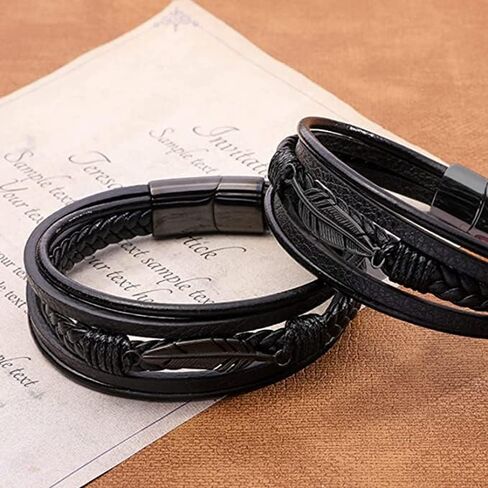 Braided Leather Bracelet for Men Multilayer Black Leather Bracelet Cuff Bangle Pulseras Para Hombres Stainless Steel Leaf Charm Cool Wristband Braided Bracelet for Men Women Boys Mens Leather Bracelet in Kuwait