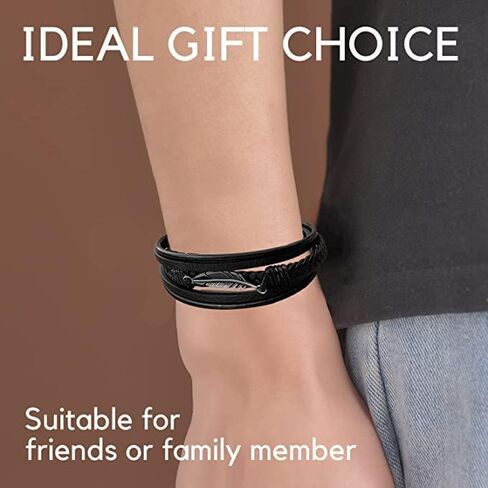 Braided Leather Bracelet for Men Multilayer Black Leather Bracelet Cuff Bangle Pulseras Para Hombres Stainless Steel Leaf Charm Cool Wristband Braided Bracelet for Men Women Boys Mens Leather Bracelet in Kuwait