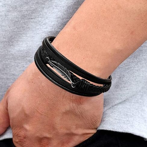 Braided Leather Bracelet for Men Multilayer Black Leather Bracelet Cuff Bangle Pulseras Para Hombres Stainless Steel Leaf Charm Cool Wristband Braided Bracelet for Men Women Boys Mens Leather Bracelet in Kuwait