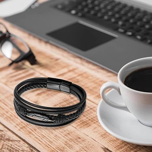 Braided Leather Bracelet for Men Multilayer Black Leather Bracelet Cuff Bangle Pulseras Para Hombres Stainless Steel Leaf Charm Cool Wristband Braided Bracelet for Men Women Boys Mens Leather Bracelet in Kuwait