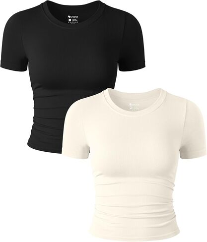 OQQ Womens 2 Piece Shirts Short Sleeve Crew Neck Ruched Stretch Fitted Tee Shirts Crop Tops in Saudi Arabia