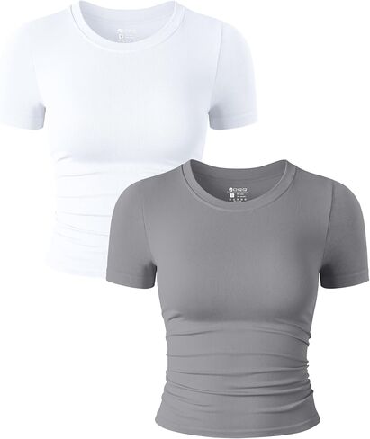 OQQ Womens 2 Piece Shirts Short Sleeve Crew Neck Ruched Stretch Fitted Tee Shirts Crop Tops in Saudi Arabia