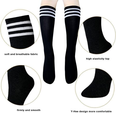 4 Pairs Knee High Socks, Fit for Size 6-10, Triple Striped Roller Skate Socks High Witch Knee Socks Colorful Skating Athletic in Saudi Arabia
