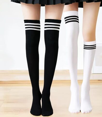 4 Pairs Knee High Socks, Fit for Size 6-10, Triple Striped Roller Skate Socks High Witch Knee Socks Colorful Skating Athletic in Saudi Arabia