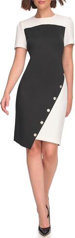 Tommy Hilfiger Women's Short Sleeve Jewel Neck Colorblock Studded Asymmetrical Hem Crepe Mini Dress in Kuwait