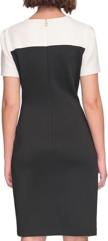 Tommy Hilfiger Women's Short Sleeve Jewel Neck Colorblock Studded Asymmetrical Hem Crepe Mini Dress in Kuwait