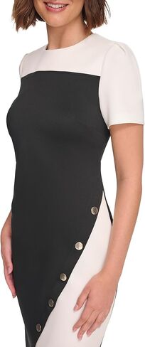 Tommy Hilfiger Women's Short Sleeve Jewel Neck Colorblock Studded Asymmetrical Hem Crepe Mini Dress in Kuwait