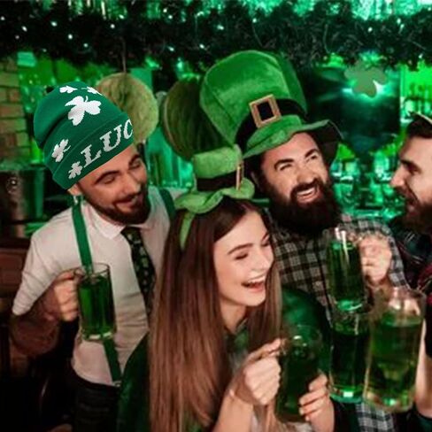 St Patrick's Day Beanie Shamrock Hat Decorations Accessories Green with White Lucky Irish Shamrock Hat for Woman & Man in Kuwait