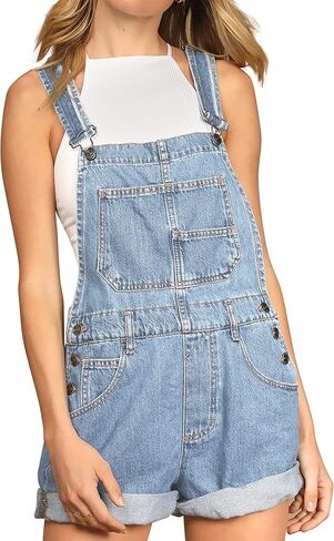 Hixiaohe Women's Classic Denim Shortalls Adjustable Strap Bib Overall Shorts Romper Cuffed Hem Jean Shorts(Blue,XL) in Kuwait