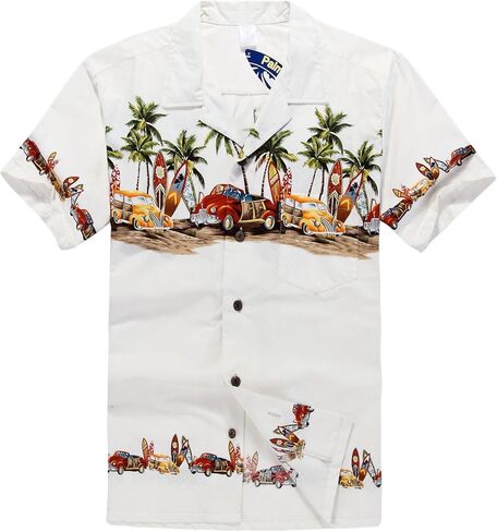 Palm Wave Men's Hawaiian Shirt Aloha Shirt L Off White Vintage Cars in Kuwait