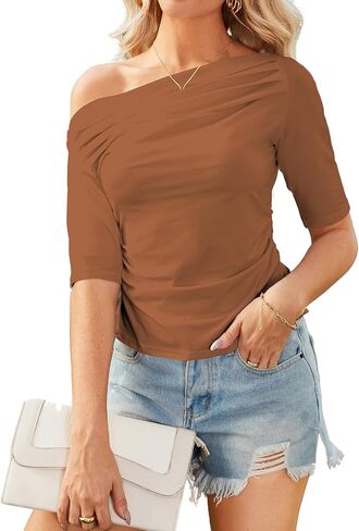 Angashion قميص نسائي بأكمام قصيرة - بلوزة صيفية كاجوال مثيرة بدون أكتاف مقاس نحيف للخروج بلوزة Y2K تي شيرت in Kuwait