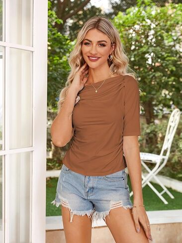 Angashion قميص نسائي بأكمام قصيرة - بلوزة صيفية كاجوال مثيرة بدون أكتاف مقاس نحيف للخروج بلوزة Y2K تي شيرت in Kuwait