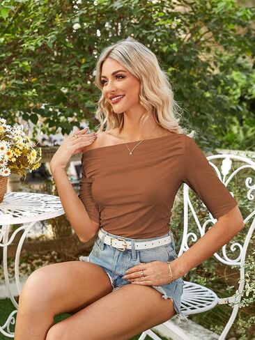 Angashion قميص نسائي بأكمام قصيرة - بلوزة صيفية كاجوال مثيرة بدون أكتاف مقاس نحيف للخروج بلوزة Y2K تي شيرت in Kuwait