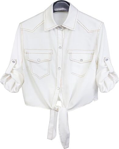 PUWEI Women's Denim Shirts Casual Button Up 3/4 Sleeve Tie Front Jean Crop Tops in Saudi Arabia