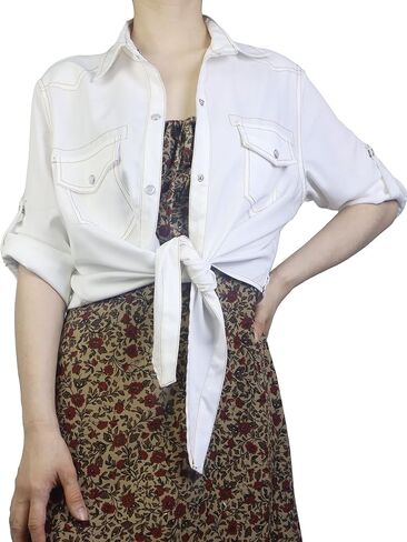 PUWEI Women's Denim Shirts Casual Button Up 3/4 Sleeve Tie Front Jean Crop Tops in Saudi Arabia
