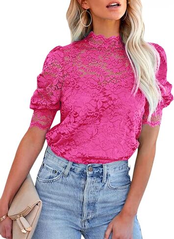 EVALESS Womens Crochet Lace Tops Puff Short Sleeve Mock Neck Blouse Shirts with Camisole in Kuwait