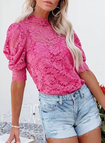 EVALESS Womens Crochet Lace Tops Puff Short Sleeve Mock Neck Blouse Shirts with Camisole in Kuwait