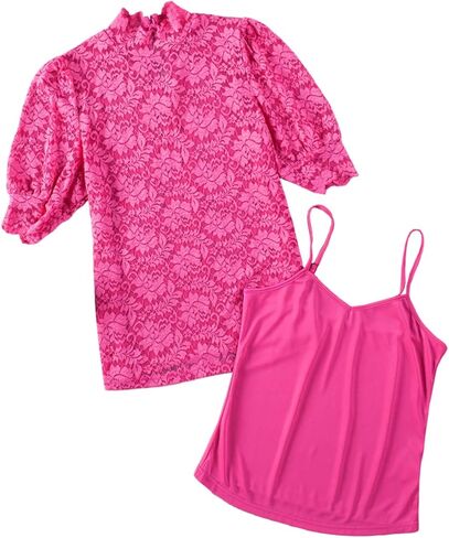 EVALESS Womens Crochet Lace Tops Puff Short Sleeve Mock Neck Blouse Shirts with Camisole in Kuwait