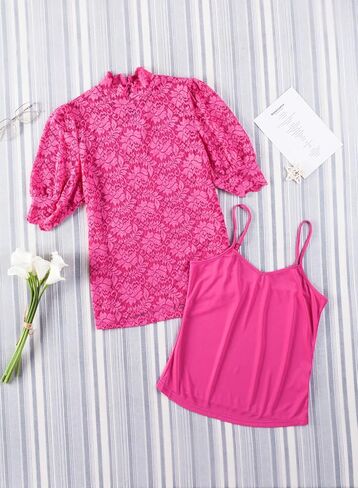 EVALESS Womens Crochet Lace Tops Puff Short Sleeve Mock Neck Blouse Shirts with Camisole in Kuwait