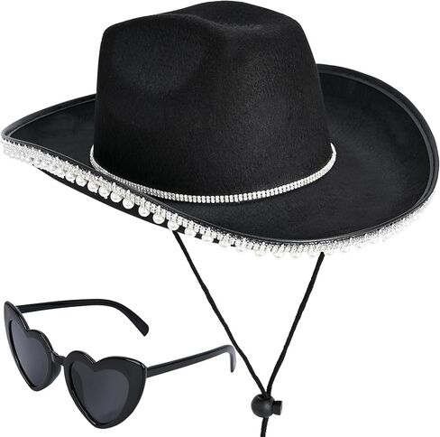 قبعة رعاة البقر باللؤلؤ من حجر الراين Yoiemivy للنساء - قبعة راعية البقر السوداء مع نظارة شمسية على شكل قلب - قبعة رعاة البقر الغربية للعروس وأزياء حفلات توديع العزوبية (أسود) in Kuwait