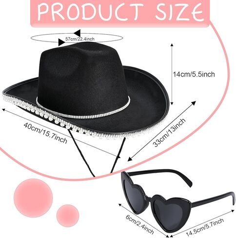 قبعة رعاة البقر باللؤلؤ من حجر الراين Yoiemivy للنساء - قبعة راعية البقر السوداء مع نظارة شمسية على شكل قلب - قبعة رعاة البقر الغربية للعروس وأزياء حفلات توديع العزوبية (أسود) in Kuwait