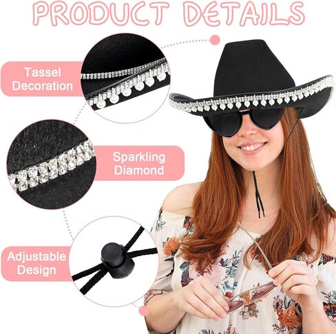 قبعة رعاة البقر باللؤلؤ من حجر الراين Yoiemivy للنساء - قبعة راعية البقر السوداء مع نظارة شمسية على شكل قلب - قبعة رعاة البقر الغربية للعروس وأزياء حفلات توديع العزوبية (أسود) in Kuwait