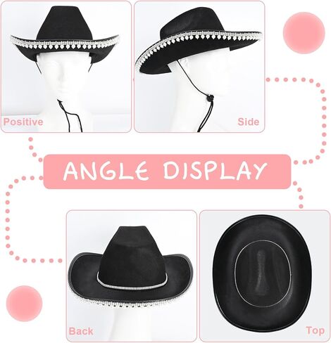 قبعة رعاة البقر باللؤلؤ من حجر الراين Yoiemivy للنساء - قبعة راعية البقر السوداء مع نظارة شمسية على شكل قلب - قبعة رعاة البقر الغربية للعروس وأزياء حفلات توديع العزوبية (أسود) in Kuwait