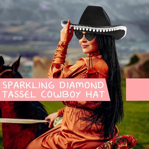 قبعة رعاة البقر باللؤلؤ من حجر الراين Yoiemivy للنساء - قبعة راعية البقر السوداء مع نظارة شمسية على شكل قلب - قبعة رعاة البقر الغربية للعروس وأزياء حفلات توديع العزوبية (أسود) in Kuwait