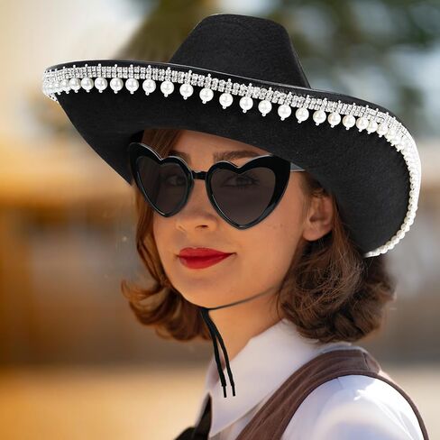 قبعة رعاة البقر باللؤلؤ من حجر الراين Yoiemivy للنساء - قبعة راعية البقر السوداء مع نظارة شمسية على شكل قلب - قبعة رعاة البقر الغربية للعروس وأزياء حفلات توديع العزوبية (أسود) in Kuwait