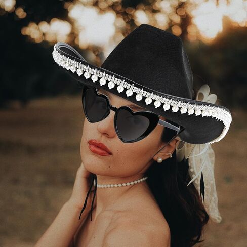 قبعة رعاة البقر باللؤلؤ من حجر الراين Yoiemivy للنساء - قبعة راعية البقر السوداء مع نظارة شمسية على شكل قلب - قبعة رعاة البقر الغربية للعروس وأزياء حفلات توديع العزوبية (أسود) in Kuwait