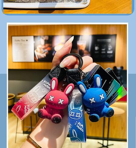 HSYHERE الرجال النساء صبي فتاة كول X عيون يجلس الأرنب الملونة الأرنب محظوظ المفاتيح هدية الكريسماس حقيبة قلادة حلقة مفاتيح معدنية in Kuwait