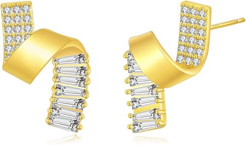 PHNIBIRD Gold Stud Earrings Twirl Shape Ribbon Square Cubic Zirconia Earrings Studs Hypoallergenic Unique Cute Lady Girl Gifts, 0.4"*0.7", Brass Sterling Silver, Cubic Zirconia in Kuwait